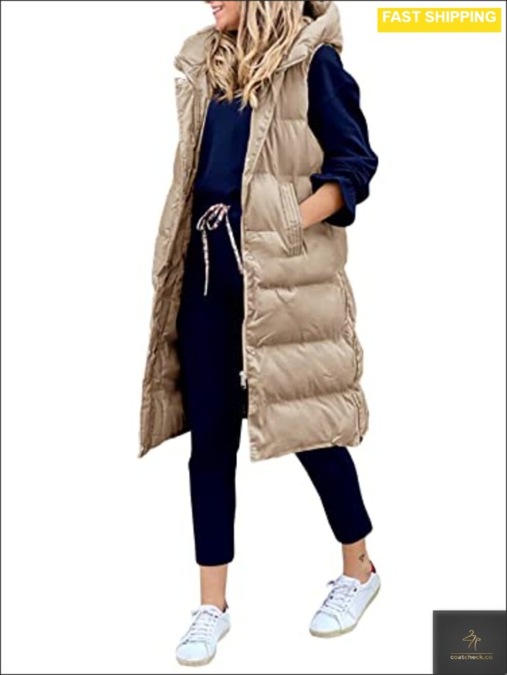 Long Hooded Down Puffer Vest Full Zip Sleeveless Winter Coat